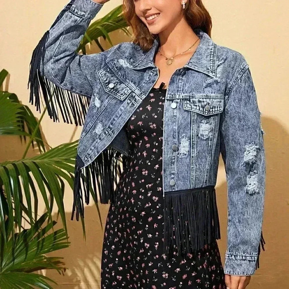 Multicolor Casual Womens Fringe Trim Denim Jacket - Picture 5 of 5